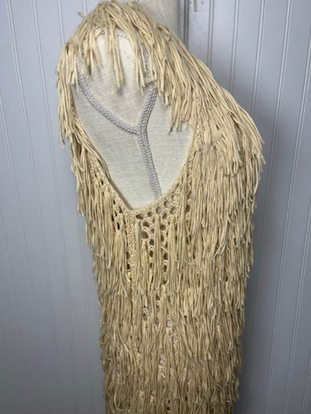 PPLA Flounder Fringe Vest Knit Boho Sleeveless Duster in Cream Size Medium - Picture 9 of 14